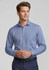 A long-sleeve button-up shirt in light blue, featuring a pocket and a logo.