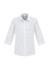 A white button-up women's shirt with 3/4 sleeves and a collar, featuring a logo on the chest.