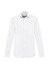 A white long-sleeve button-up shirt with a pocket and a logo on the collar.