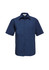 A navy short sleeve button-up shirt with a front pocket and a logo on the collar.
