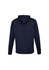 A men's hoodie in navy blue, featuring a hood and long sleeves, with a logo on the back.