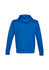A blue hoodie featuring a kangaroo pocket and a hood, with a logo on the back.