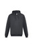 A dark grey men's crew hoodie with a front pocket and a hood, featuring a logo.