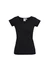 A black women's short sleeve tee with a V-neck design and a fitted silhouette. It features a logo.