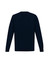 A navy blue mens knit pullover with long sleeves and a crew neck design. Features a logo on the back.