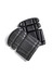 A set of black knee pads featuring a textured surface and contoured shape, arranged on a white background.