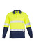 A long sleeve polo shirt featuring high visibility yellow with navy accents and reflective hoop tape. It includes a logo.