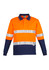 A long sleeve polo shirt in orange and navy, featuring hoop-taped reflective stripes and a pocket. It has a logo.