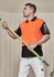 A man wearing an orange and black short sleeve polo shirt stands holding a green pole. The shirt has a logo.