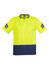 A high-visibility yellow short sleeve polo shirt with navy accents and stripes. It features a logo on the chest.
