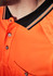 A close-up of an orange short sleeve polo shirt with a black collar and a logo. Features a pocket and buttons.