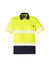 A bright yellow and navy short sleeve polo shirt with segmented reflective tape and a chest pocket, featuring a logo.