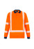 A long sleeve polo shirt in bright orange with reflective stripes and a pocket, featuring a branded logo.