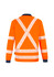 An orange long sleeve polo featuring a reflective X-back design and contrasting navy collar. It includes a logo.