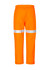 Bright orange work pants with reflective tape, featuring an elastic waistband and cuffed hems. Includes branding on the fabric.