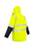 A high visibility yellow and black waterproof jacket with reflective stripes and an adjustable hood. Features a logo.