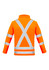 A bright orange softshell jacket featuring reflective X-back stripes and sleeves. The jacket has a collar and a logo.