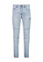 A pair of light blue stretch jeans with a slim fit and cargo pocket detail, featuring a waistband and stitching.