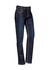 Womens stretch denim work jeans in dark blue with contrasting stitching, featuring a slim fit design.