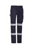 Navy work pants featuring reflective stripes, side pockets, and a logo. Ideal for safety-conscious workwear.