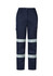 Navy cargo pants featuring reflective stripes and multiple pockets, with a logo on the front.
