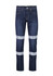 Men's blue stretch jeans featuring reflective strips on the legs, designed for workwear use and equipped with a logo.