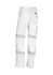 White work pants featuring reflective strips and a logo, designed for durability and comfort.