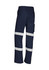 A pair of navy work pants with white reflective stripes and a pocket, featuring a logo.