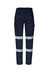 A pair of navy cargo pants featuring reflective strips and multiple pockets. The back view shows a structured design with a waistband.