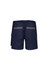Men's rugged shorts in navy blue with multiple pockets and a logo; designed for workwear.