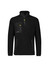 A black unisex polar fleece pullover with a quarter zip and multiple zippered pockets. It features a logo.