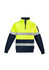 A bright yellow and navy 1/4 zip pullover with reflective hoop tape and a logo on the sleeve.