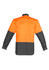 A long sleeve work shirt in orange and black with a logo, featuring contrasting panel design at the back.