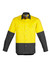 A long sleeve work shirt featuring a bright yellow upper section and dark grey lower section, with two chest pockets and a logo.