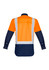 A long sleeve work shirt featuring shoulder tape, in orange and navy blue colours. The shirt has a logo.