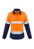 An orange and navy long-sleeve shirt with reflective tape and pockets, featuring a logo on one side.