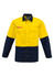 A high-visibility work shirt featuring a bright yellow top and navy blue sleeves, with a logo on the chest.