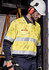 A high visibility yellow and navy work shirt with hoop tape detailing, worn by a man in safety gear.