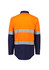 A spliced work shirt featuring orange and navy colours with reflective hoop tape details and a logo.