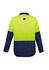 A long sleeve work shirt in high vis yellow and navy, featuring a logo on the back.