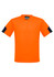 A bright orange T-shirt with navy blue sleeves and a logo on the front. Suitable for workwear use.