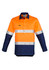 A long sleeve work shirt featuring orange and navy colours with reflective hoop taping and a logo.