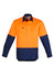 A long sleeve work shirt in orange and navy with a logo, featuring a closed front and two chest pockets.
