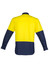A long sleeve shirt featuring a closed front design, primarily yellow with navy blue sleeves and a logo.