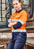A long sleeve orange and navy work shirt with reflective tape, featuring a logo on the arm, displayed outdoors.