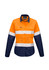 A long sleeve shirt in orange and navy, featuring reflective tape and a logo on the chest.