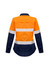 A women's long sleeve shirt in orange and navy, featuring reflective tape and a logo.