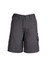 A pair of women's plain utility shorts in dark grey, featuring pockets and a branded label.