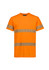 An orange cotton T-shirt with reflective segmented tape stripes and a logo. Suitable for workwear.