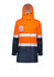 A waterproof jacket in high visibility orange and navy, featuring reflective stripes and a hood. It has a front pocket and branding.